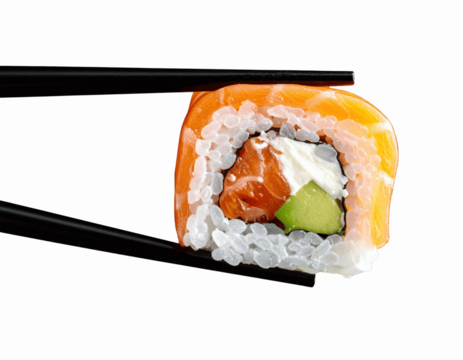 Close-Up of Salmon Maki Held by Black Chopsticks, Dramatic Dark Background PNG - Powered by Adobe