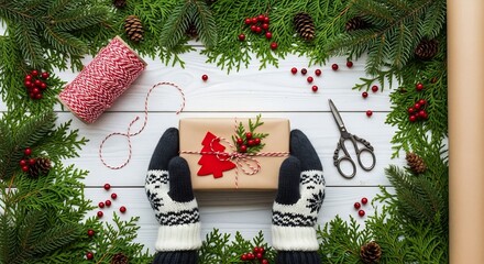 Hands in knitted mittens wrapping a Christmas gift box with natural kraft paper and evergreen border on a white wood background.