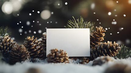 Blank white card surrounded by pine cones and snowflakes in a winter forest setting with soft bokeh background