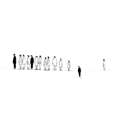 Naklejka premium Minimalist line art drawing of people waiting in line sketch illustration black and white crowd scene artwork