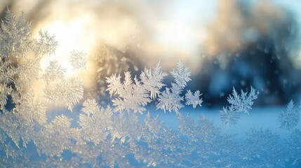 The delicate, hexagonal patterns of frost on a frozen windowpane, with a soft, out-of-focus winter landscape visible through the ice, beautiful and intricate, macro detail.