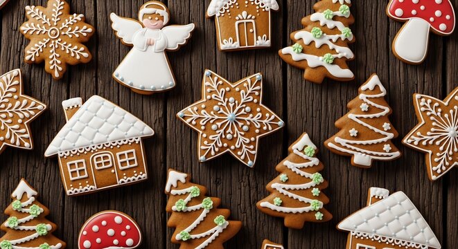 Detailed Christmas gingerbread cookies, including trees, houses, and stars, flat lay on dark rustic wood background. - Powered by Adobe