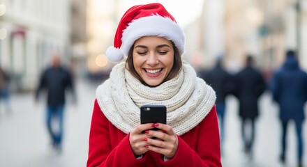 Young woman in Santa hat happily checking her smartphone while walking on a busy city street during Christmas.