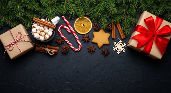 Christmas flat lay composition with gift boxes, hot cocoa, fir branches, and spices on dark stone background with copy space - Powered by Adobe