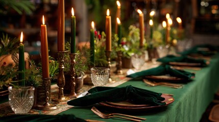 Festive table setting with candles and greenery for a special occasion