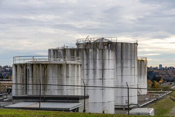 Industrial Storage Tanks at Burnaby Site in Greater Vancouver with Weathered Metal Silos