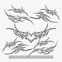 Hand Drawn Y2K Cyber Tribal Tattoo Set , Gothic Cybersigilism Pattern Collection