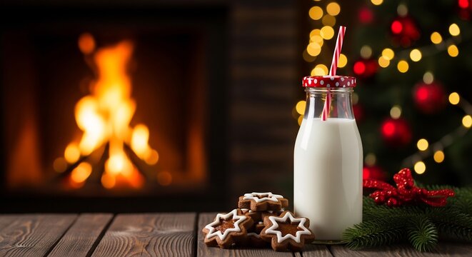 Bottle of milk and star gingerbread cookies on a wooden table by a cozy fireplace and Christmas tree lights.