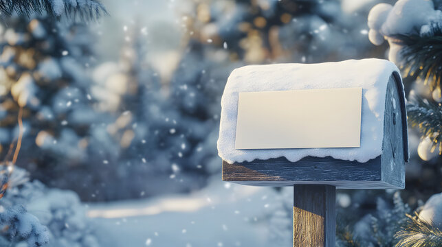 Charming winter scene featuring a snow-covered mailbox with a blank sign, perfect for holiday greetings or festive announcements in a serene outdoor setting