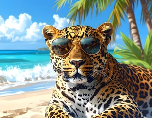 Relaxed leopard wearing sunglasses on a sunny beach, tropical palm trees, blue ocean, and a bright sky create a vacation vibe