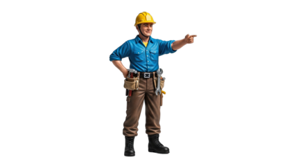 Construction worker in yellow hard hat blue shirt brown pants and tool belt pointing to the side with a confident expression on a transparent background