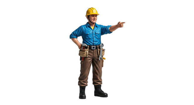 Construction worker in yellow hard hat blue shirt brown pants and tool belt pointing to the side with a confident expression on a transparent background