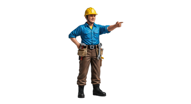 Construction worker in yellow hard hat blue shirt brown pants and tool belt pointing to the side with a confident expression on a transparent background