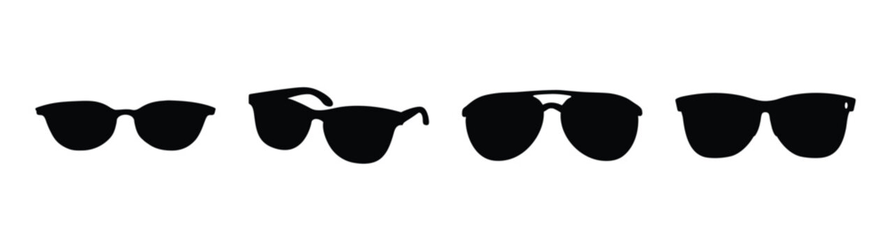 Four diverse styles of dark tinted sunglasses arranged horizontally graphic design element