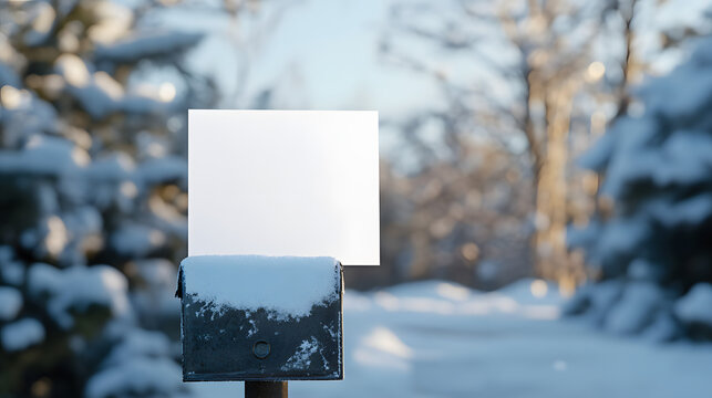 Blank white sign with snow covered mailbox for personalized winter message in scenic snowy landscape, perfect for holiday greetings or seasonal promotions