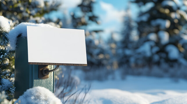 Blank sign amid snowy winter trees for your message, notice or promotion, offering a crisp, clear space for your creative content in a serene setting - Powered by Adobe