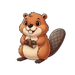 Cute cartoon beaver character smiling and holding a piece of wood on a transparent background a whimsical illustration for children and animal lovers