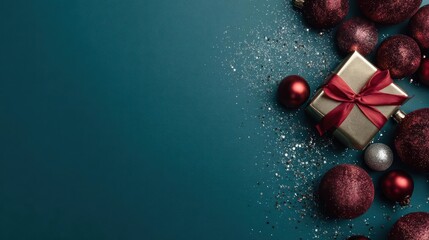 Festive christmas gift box with red ornaments and sparkling snow scattered on a deep teal background
