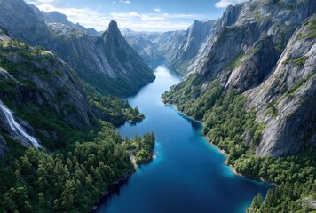 a panoramic view of the fjords in norway, showcasing majestic mountains and deep blue waters with waterfalls cascading down their sides.