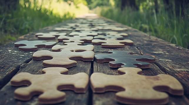 Puzzle pieces scattered on a wooden path leading into a green forest