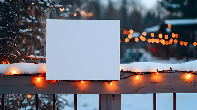 Blank white sign on a snow covered fence with Christmas lights, perfect for seasonal promotions, announcements, or holiday greetings with winter wonderland vibes