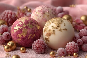 Closeup of pink bath bombs with gold leaf and frozen raspberries on pink cloth