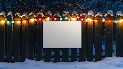 Festive blank sign on snow covered fence with glowing string lights offering seasonal greetings and holiday cheer, perfect for winter promotions