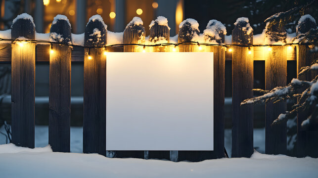 Blank sign on snowy fence with festive lights invites your seasonal message or promotion, winter wonderland template for Christmas and holiday marketing