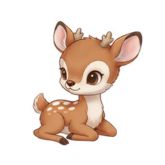 Cute cartoon deer fawn with white spots resting peacefully on a black background with soft lighting highlighting its gentle expression and small antlers