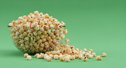 A clear glass bowl filled with freshly popped popcorn placed on a vibrant green surface with some popcorn scattered around it