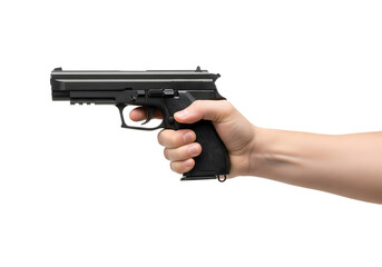 Hand holding black pistol isolated on white background, close-up view of firearm grip and trigger, weapon safety, security equipment, law enforcement and self-defense concept for commercial use