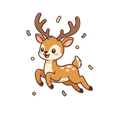 Cute cartoon deer with spots and antlers leaping joyfully surrounded by colorful confetti on a transparent background a whimsical forest creature in motion with a happy expression