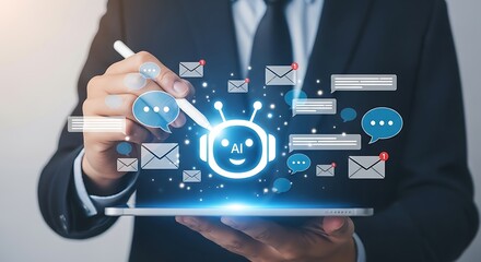 Businessman using a stylus to interact with a glowing chatbot interface and digital communication icons on a tablet representing artificial intelligence and customer service