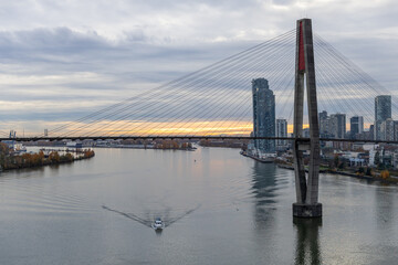 Iconic Cable-Stayed Bridge Over Fraser River at Sunset Between Surrey and New Westminster, Vancouver