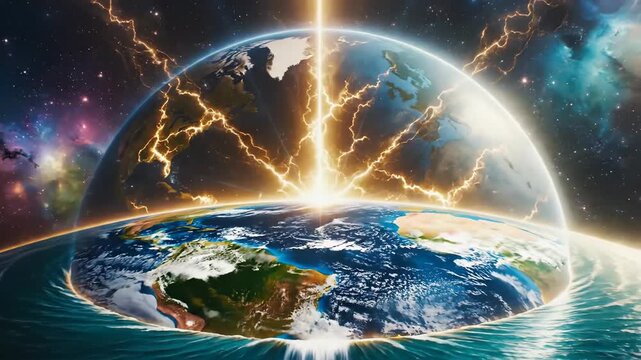 Dramatic rendering of a flat Earth theory, featuring a powerful energy beam striking the disc and surrounded by electric lightning in space.