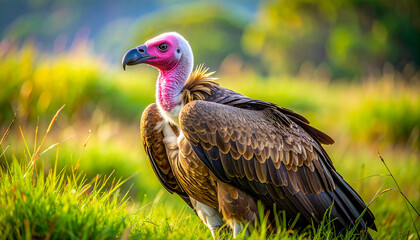 Naklejka premium Majestic African vulture with distinctive pink head stands alert in vibrant green savanna grass, illuminated by warm sunlight. Powerful wildlife portrait