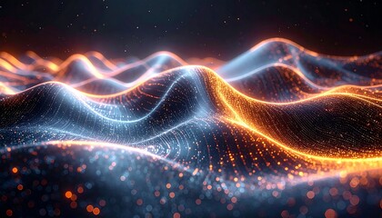 Digital rendering of undulating, glowing lines and particles. The light accentuates the peaks and valleys, creating depth