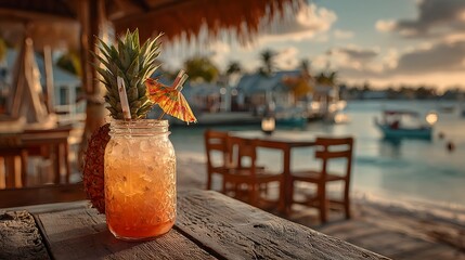 Pineapple cocktail in mason jar with umbrella on wooden table at beachside bar during sunset time view