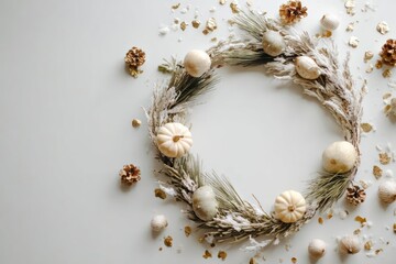 Rustic autumn wreath with dried flowers pinecones and small gourds on a white background
