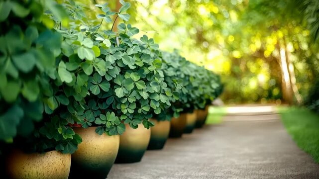 Potted green plants lined along garden pathway