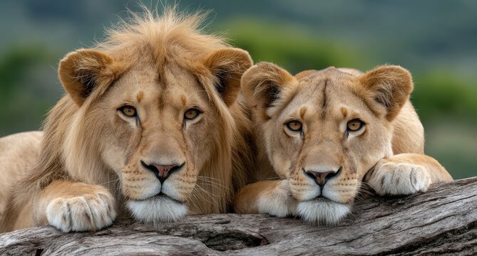 two lions, one male and one female, lying on a tree log, with an african savannah background - Powered by Adobe