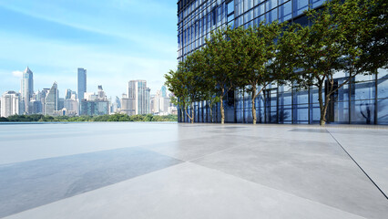 Modern eco-Friendly architecture, Green architectural design, Corporate building background for car presentation backdrop with empty concrete floor, 3d rendering