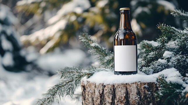 Craft beer bottle mockup on snowy wood stump with winter forest backdrop perfect for festive marketing or seasonal product promotions, blank label design - Powered by Adobe