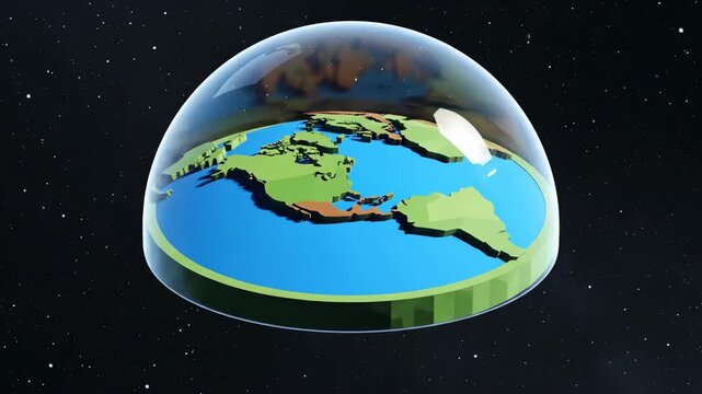 Side view pixel art illustration of a flat Earth disc enclosed by a transparent dome, floating in outer space.
