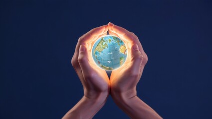 Hands holding a glowing Earth (globe) from below, with light radiating upwards. Conceptual shot symbolizing divine protection, global care, energy, and hope.