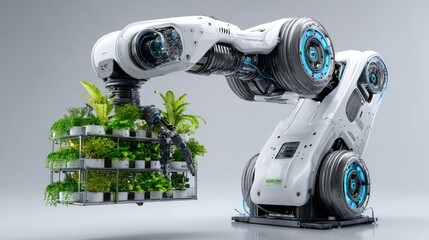Automation in Bloom: A robotic arm, seamlessly merging technology with nature, carefully tends to a vertical garden, a testament to innovation and sustainability.