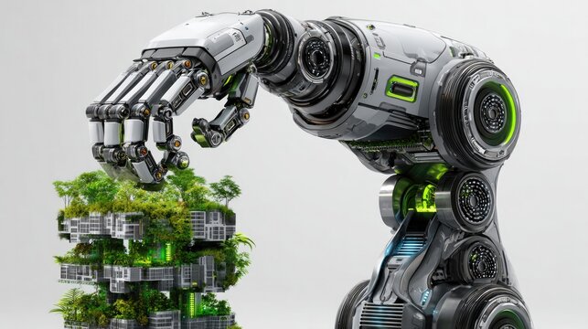 Cybernetic Hand Nurturing Greenery: A futuristic mechanical hand delicately tends to vibrant green plants, merging technology and nature.