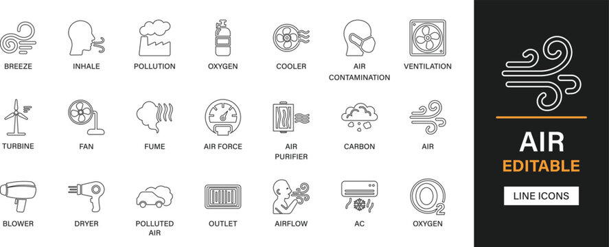 Air editable line icons pack. Blower, dryer, polluted, outlet, airflow, ac, oxygen, fan, fume, air force, carbon, cooler, inhale and more icons.