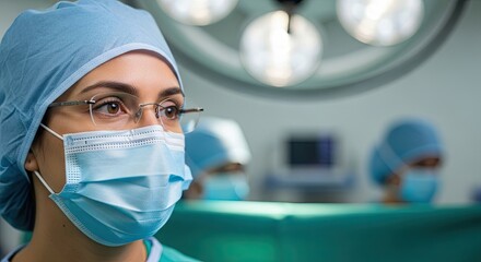 Professional Surgeon Wearing Surgical Mask and Cap Focused on Operation in Operating Room