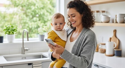 Happy mother holding baby and using phone in modern kitchen.